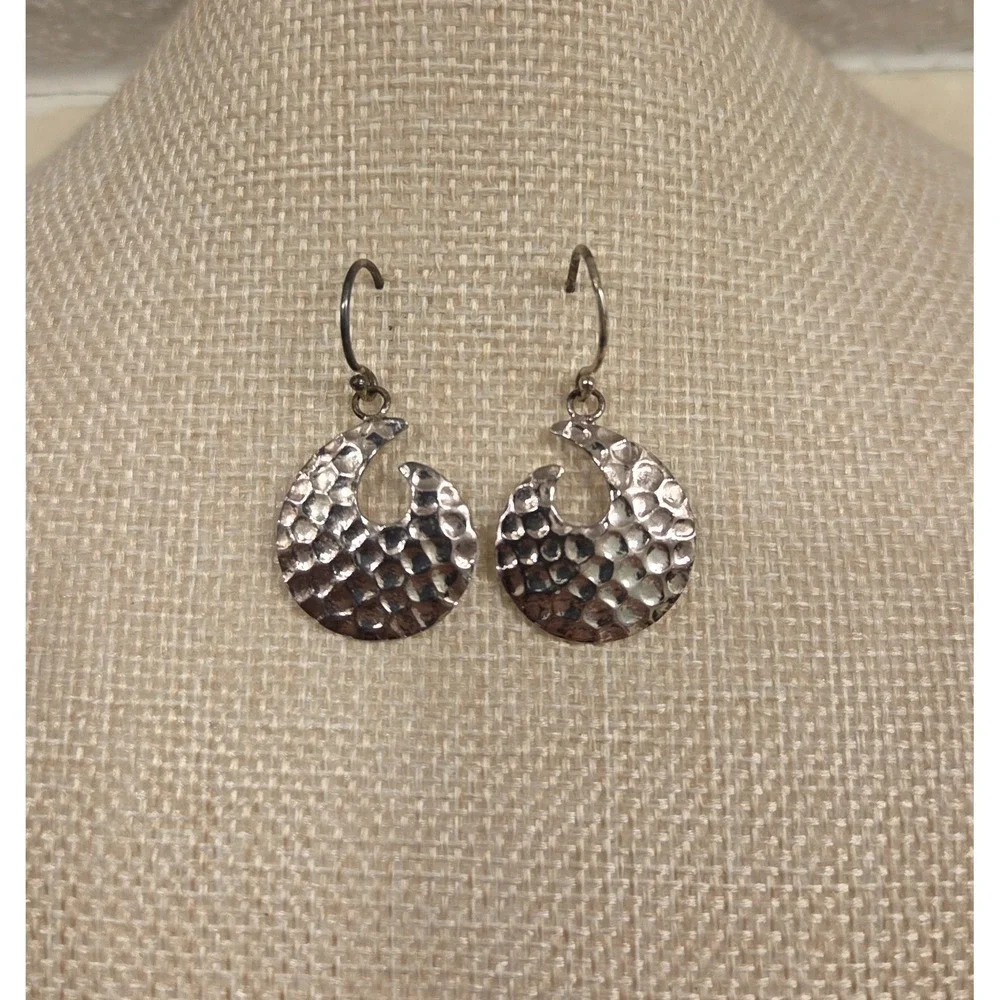 Vintage Sterling Silver‎ Hammer Finished Modernist Dangle Earrings